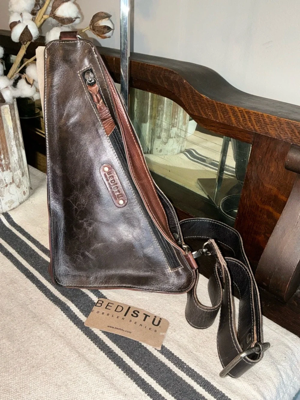 NWT Bed Stu Leather Adept Unisex Sling Backpack Black Teak Rustic MSRP $235